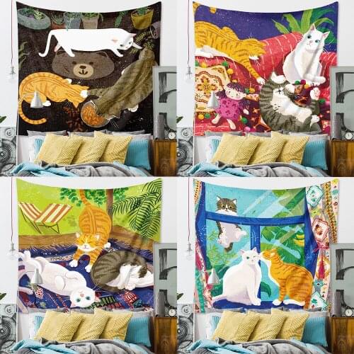 Cartoon Cute Cat Tapestry Wall Hanging For Children Room Dorm Decor Hippie Trippy Wll Tapestry Colorful Animals Wall Carpets