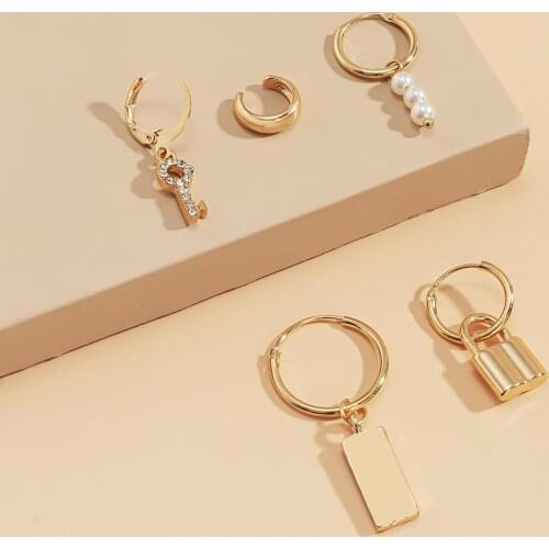 Trendy Mix and Match Geometric Square Brand Lock Set Earrings European and American Simple Micro-inlaid Rhinestone Key Earrings