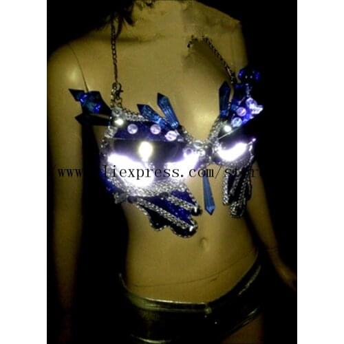 Fashion Led Luminous Sexy Lady Bra Crystal Evening Dress Led Light Growing Stage Clothes DS Women Dance Costume Party Supplies