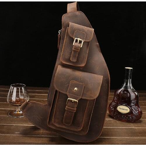 Crazy Horse Genuine Leather Chest Bag for Men Casual Messenger Bags Fashion Mens Chest Pack Large Capacity