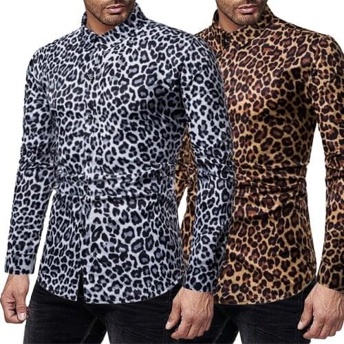 New Mens Shirt Leopard Print Fashion Long-sleeved Shirt Costume