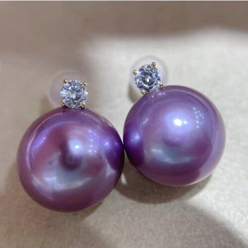 New Fine Jewelry 18K Gold Pearl Earrings,Round 11-12mm Natural Fresh Water Deep Purple Pearls Stud Earrings for Women Presents