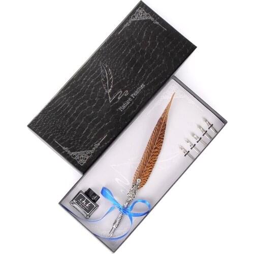 New European Retro Feather pen Set Various Colors Animal Feather Pen High Quality Student Teacher Stationery Exquisite Gift Box