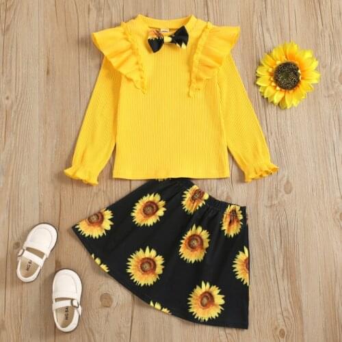 2PCS Toddler Girls Fall Outfits, Ruffle Long Sleeve Rib Knit Tops + Floral Mini Skirt Set Spring Autumn