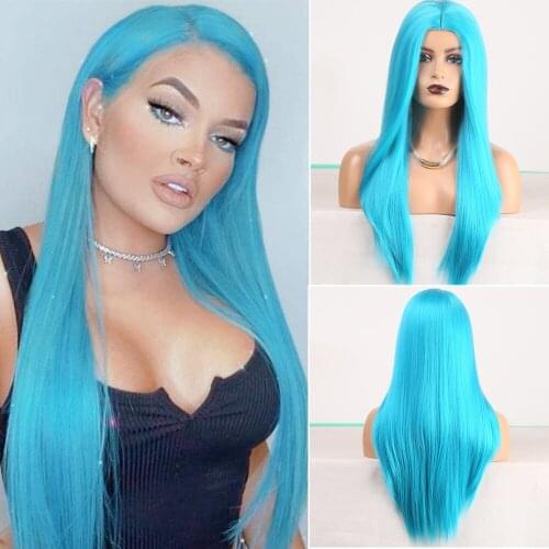 Cosplay Wigs Middle Part Soft Blue Hair Color Synthetic Wig for Women Girls High Tempreture Silky Straight