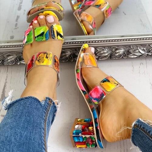Dropshipping Crystal Sandals Women Square Heels Summer Sandals Peep Toe Ladies Multi Colors Wedge Shoes De Verano Para Mujer