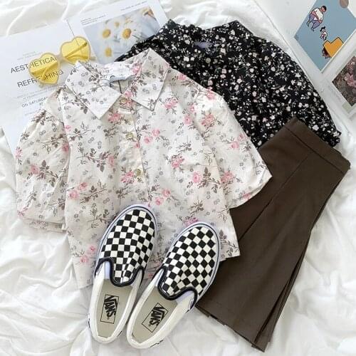 Sakura Print Japanese Sweet Retro turn-down collar Buttoned Slim Short section Shirt