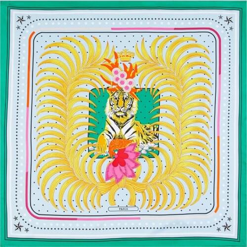 90cm Luxury Brand Bandana Hijab Scarf Women Handmade Curled Twill Silk Square Scarf Tiger Design Foulard Femme Head Scarves