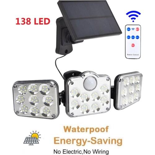 138 led remote seperable Solar Lights Outdoor 3 Heads Solar Flood Lamps Motion Sensor Waterproof Porch Garage lamp 5M cable
