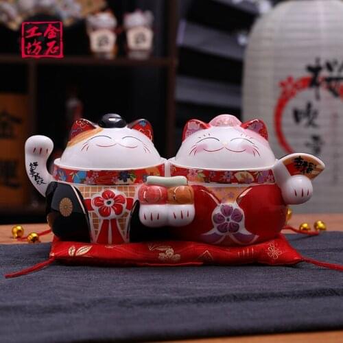 Lucky cat ornaments couple wedding gift cute piggy bank saving coin bank piggy bank for paper money fengshui decorative ornament
