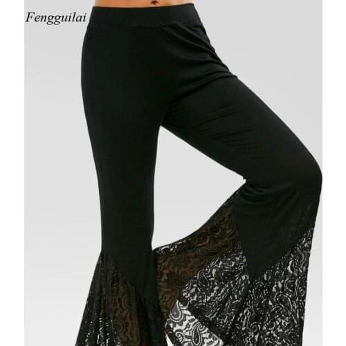 Womens Lace Flared Trousers Lace Stitching Slim-Fit Trousers Fashion Straps Side Perspective European Casual Flared Trousers