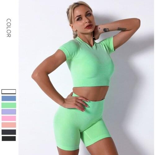Womens 2 PCS Fitness Clothing Sets Yoga Crop Top Sports Shirt &Cycling Gym Summer Shorts Female Seamless Suit For Running Gym