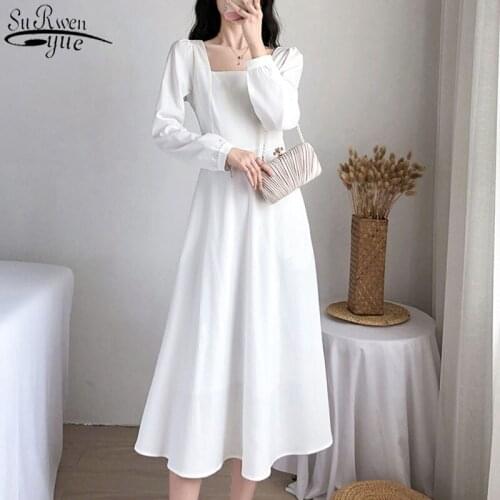 Backless Dresses Gentle Sweet White Dress Vintage Square Collar 2021 Autumn French Elegant Temperament Slim Midi Dress 13016