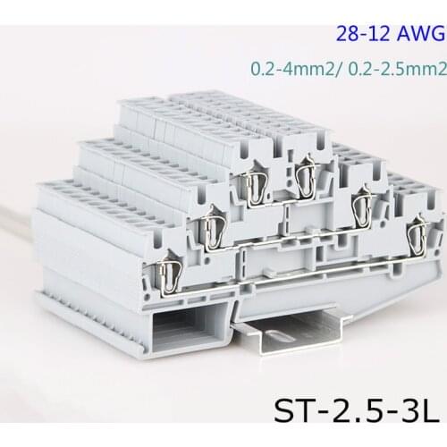 10pcs Phoenix Type ST 2.5-3L 28-12AWG Din Rail Quick Connector 3-layer Level Modular Push in Screwless Terminal Blocks ST-2.5-3L