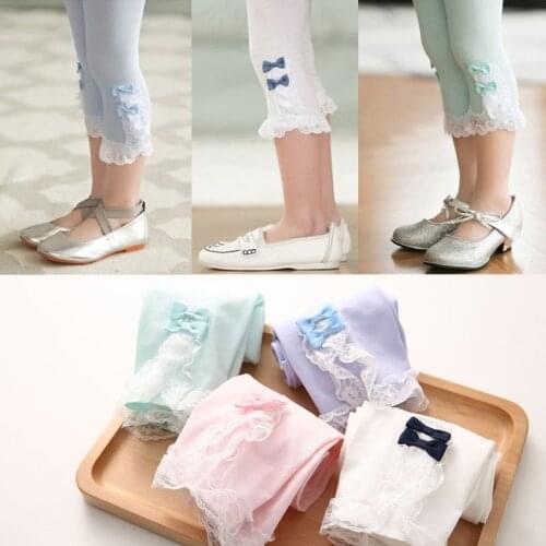 2020 Spring Female ChildrenS Clothing Baby Girl Lace Patchwork Bow Decoration Solid Color Baby Rabbit Carf Length Leggings