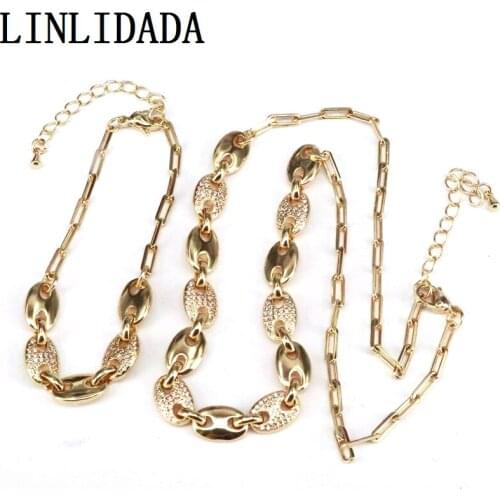 5Pcs Coffee Bean Chains Necklaces Gold Plated Cz Pig Nose Link Chains Bracelets Set Punk Hip Hop Handmade Jewelry