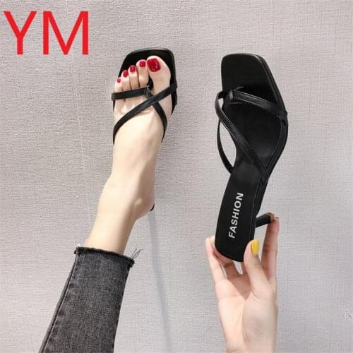 Hot Sell Women Sandal sprint Strappy Heels Sandals Slippers Women High Heels Flip Flops Square Toe Slides Party Shoes Lady Black