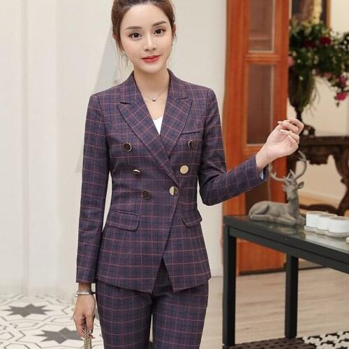 Winter Plaid pant suits formal women slim suit womens OL business suit two-piece pants suits elegant women suit blazer set