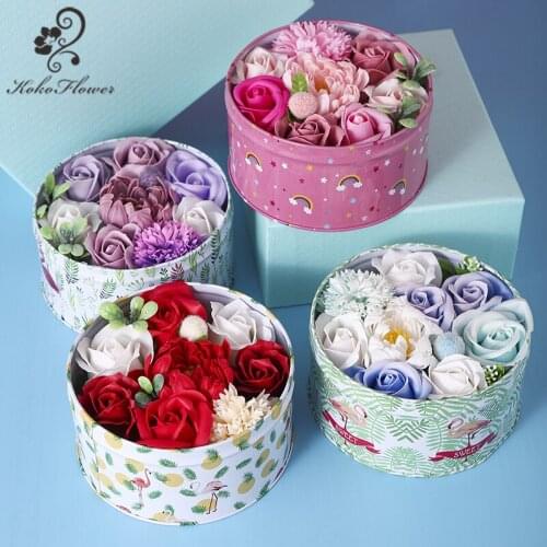 Koko Flower Round Iron Box Soap Flower Valentines Day Anniversary Gift for Girlfriend Soap Flower Carnation Rose Gift Box
