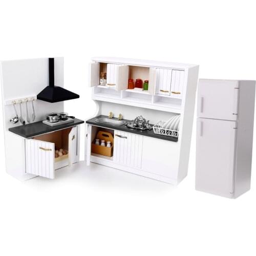 Handmade 1/12 Wooden Cabinet Fridge Set for Dolls House Kitchen Dining Room Dollhouse Accessories Furniture Set