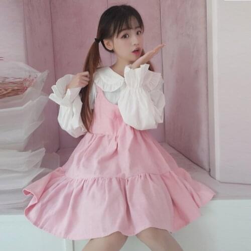 Lolita Dress Sweet Cute Kawaii Girls OP Princess Maid Vintage Ruffles Skirt Puff Sleeve Red Black Pink Women Skirt Round Collar
