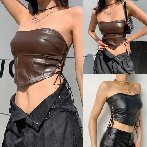 Bodycon Patchwork Irregular Corset Women Chic Side Cut Out Hole Strappy Tank Top Leather Casual Streetwear