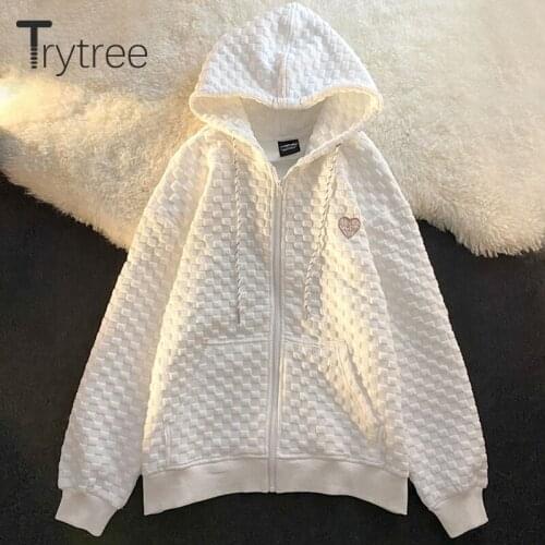 Trytree Autumn Womens Hoodies Sweatshirts Jacket Casual Harajuku Cardigan Zip-up Embroidered Solid Plaid Loose Oversized Coat