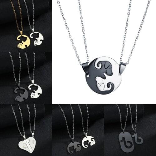 2 Pcs Animal Pendant Black Silvery Dog Stitching Necklace Simple Friendship Gift Cute Couple Jewelry Necklace Valentines Day