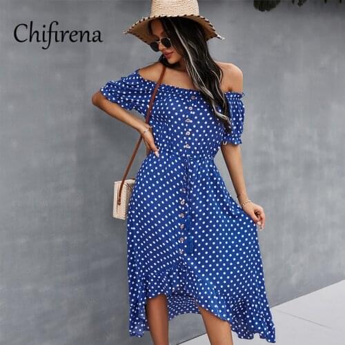 Chifirena Sexy Summer Dress Women 2021 Short Sleeve Slash Neck Dresses Women Beach Boho Sundress Vintage Irregular Vestidos robe