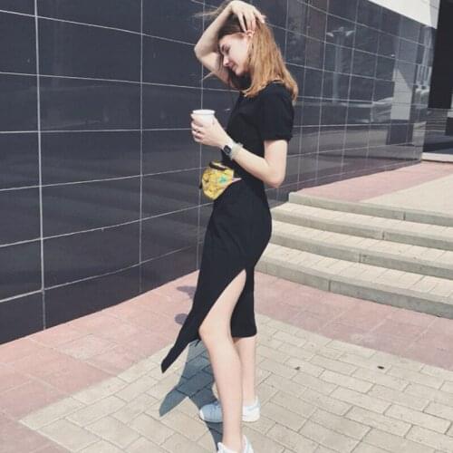 Dress Women Summer Casual Vogue Sexy Dress Round Neck Pure Black Straight Long Dress Slim Elegant Short Sleeve Playful And Cute