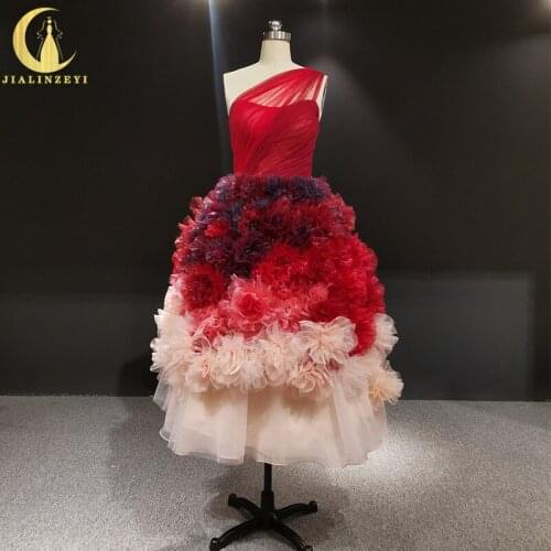 Rhine real Pictures Marchsea One Shouder Flowers Red Knee Length arabic evening dresses long