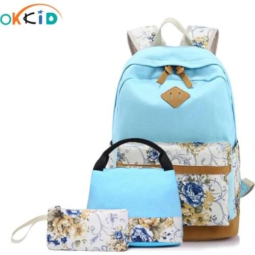 OKKID vintage flower canvas school backpack children bookbag school bags for girls flower food bag set kids floral pencil bag