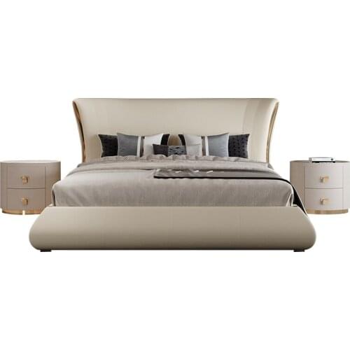 Light luxury modern leather solid wood double bed master bedroom big bed Italian high-end villa furniture