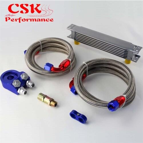 Universal 7 Row 248mm AN10 Engine Transmission Oil Cooler British Type + Aluminum Filter Adapter Kit Blue