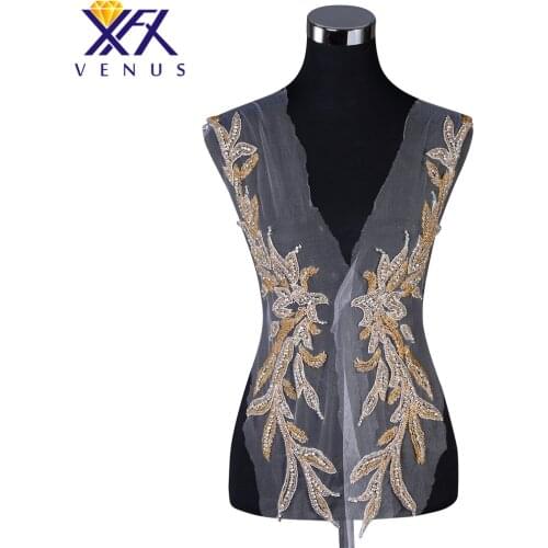 XFX VENUS Pretty Sewing stone beads large beaded patches rhinestone bridal bodice appliques crystal patch for dresses