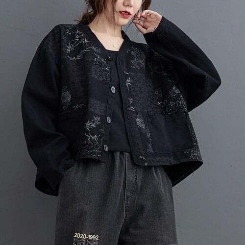 Vintage Print Denim Jacket Women Plus Size V-Neck Pocket Jeans Coat New Spring Autumn Oversize Long Sleeve Loose Outwear Female