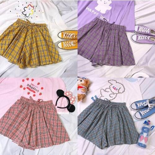 Womens Plaid Mini Skirt Casual Short Pleated Skirt Elastic Waist A-Line Color Purple Pink Yellow Blue Student