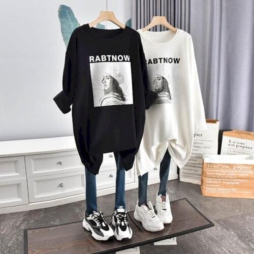 Womens Bottoming Shirt Pullover Mid-length Trendy Spring New Korean Creative Characters Loose Large Size Long-sleeved Shirt