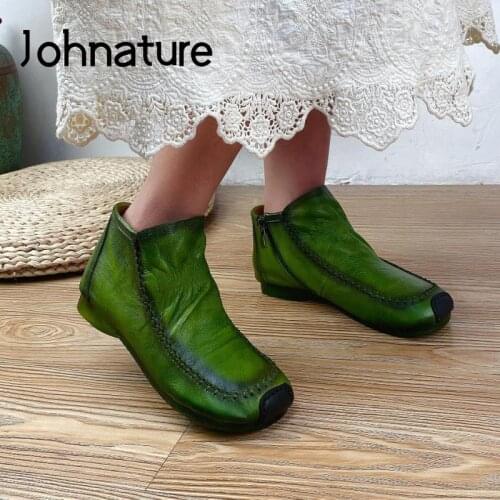 Johnature Shoes Women Ankle Boots Genuine Leather Zip Round Toe Flat With 2021 New Retro Sewing Handmade Concise Ladies Boots
