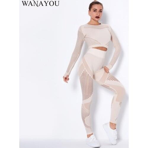 WANAYOU Yoga Set Women Hollow Long Sleeve Crop Top+High Waist Legging Suit Seamless Breathable Gym Clothes Quick Dry Workout Set