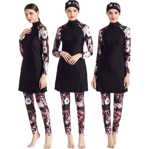 Women Large Size Printed Floral Full Cover Muslim Swimwear Women Islamic Conservative Swimsuit Hijab Beachwear Bathing Sui