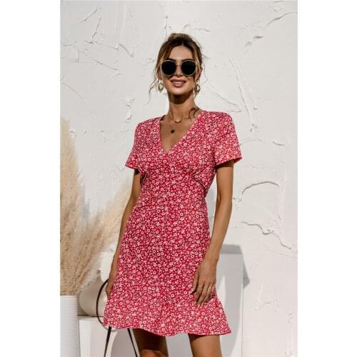 2021 Women V-neck Short Sleeve Floral Print Mini Dress Summer Casual Slim Ruffles High Waist Red Beach Sundress Vestidos Female