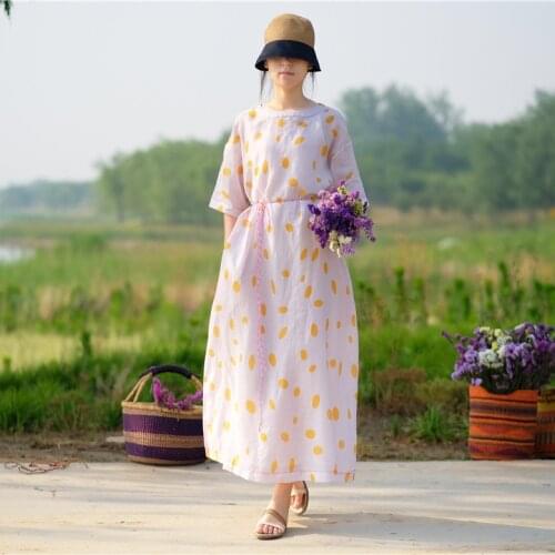 Summer Pure Ramie Yellow Wave Point Printing Waist Tether Easy Clear Transparent Dress Robe 190728