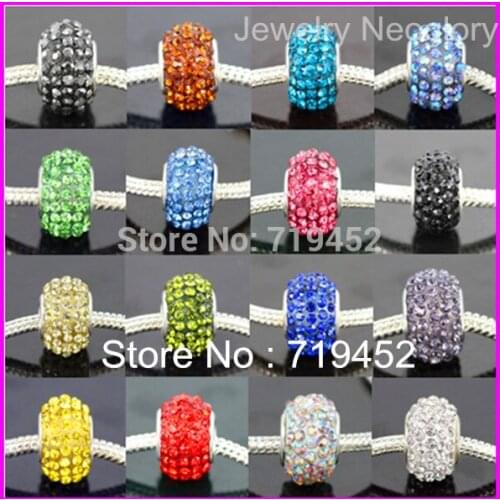 100PCS Mix color Crystal Rhinestone Big Hole Beads Silver Plated Craft Spacer Beads Fit European Bracelet Jewelry Accessories