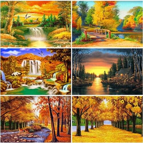 DIY 5D Diamond Painting Autumn Tree Cross Stitch Full Square Round Rhinestone Mosaic Embroidery Landscape Diamond Art Home Decor