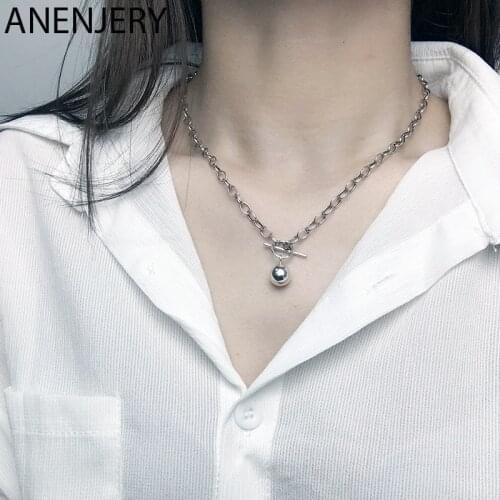 ANENJERY 925 Sterling Silver New Fashion Round Bead Pendant Necklace Clavicle Chain Geometric Necklace For Women Men S-N566