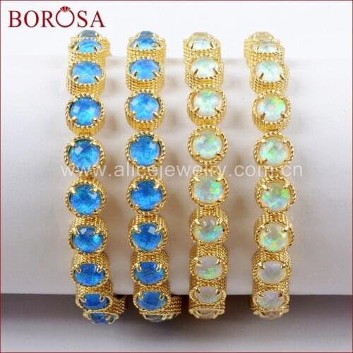 BOROSA 1Piece Gold Color Round Twenty-Stone Opal Faceted Bracelet Japanese Opal Man-made White/blue Opal Bangle Jewelry ZG0341