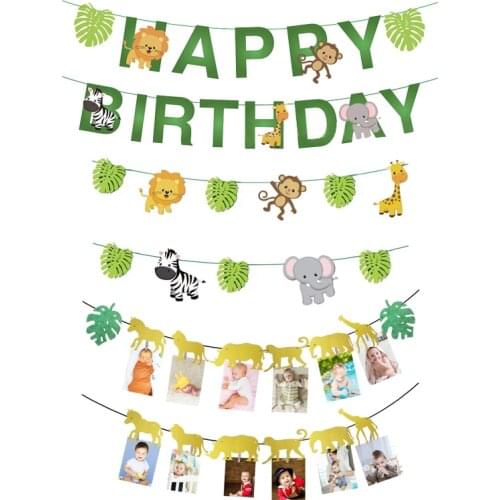 Jungle Animal Happy Birthday Banner Boy Girl 1st Birthday Party Photo Bunting Garland Baby Shower Safari Party Decor Supplies