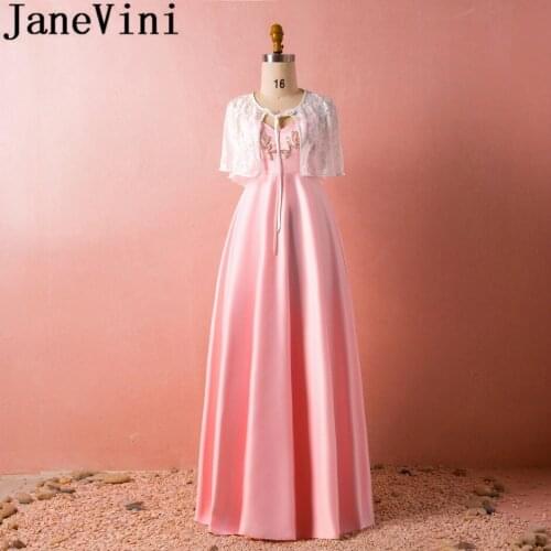 JaneVini Graceful Pink Bridesmaid Dresses with Detachable Lace Cape Spaghetti Straps Beaded Satin Floor Length Vestidos Largos