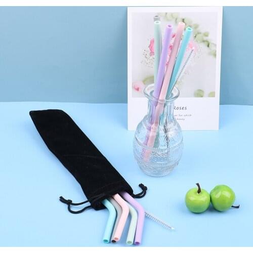 5pcs Reusable Silicone Straws Food Grade Silicone Flexible Bent Straight Drinking Straws With Cleaner Brush Party Bar Accessory